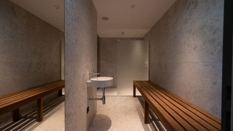 Modern sauna area with wooden benches and washbasin.