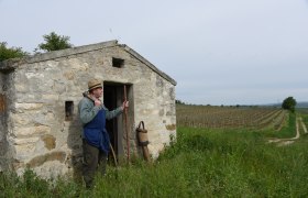 A man in a straw hat stands in front of a small stone hut in a vineyard.