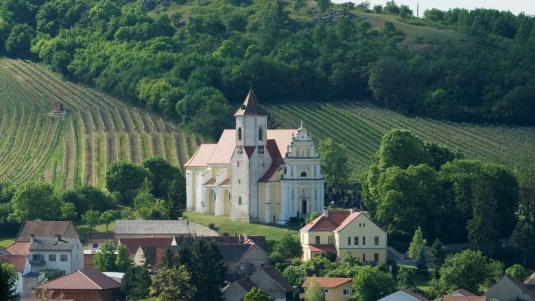 A church in the middle of vineyards and houses, surrounded by green hills.