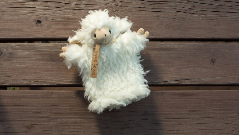 Hand puppet made of sheep's wool on a wooden background.