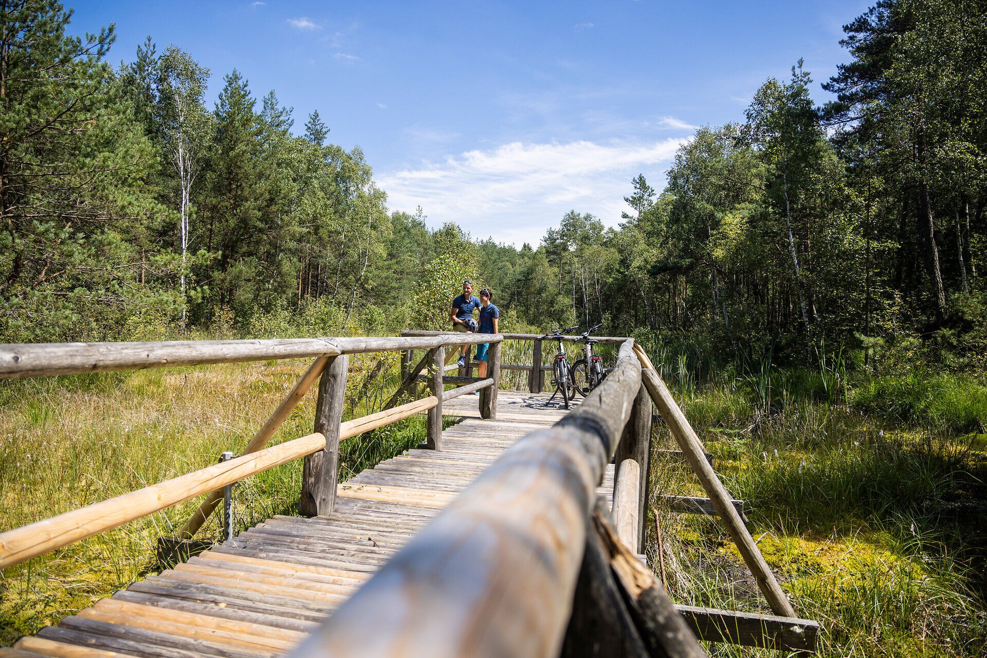 A picturesque wooden footbridge leads through the lush, green landscape of the nature park, surrounded by rolling hills and the soothing lapping of the water. Cyclists enjoy the fresh air and breathtaking views while experiencing the tranquillity of nature. Here, where the beauty of nature meets the spirit of adventure, every moment becomes an unforgettable experience.