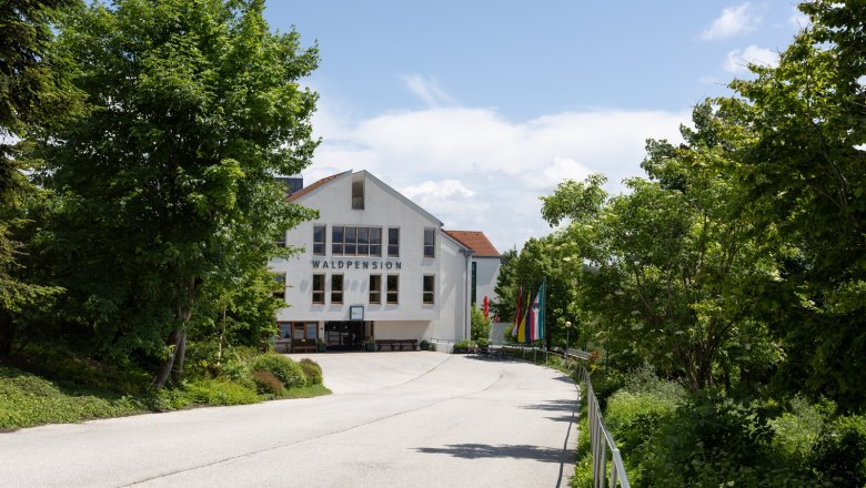 House view Waldpension, © ÖJAB Waldpension View of the forest guesthouse with trees and flags in the foreground.
