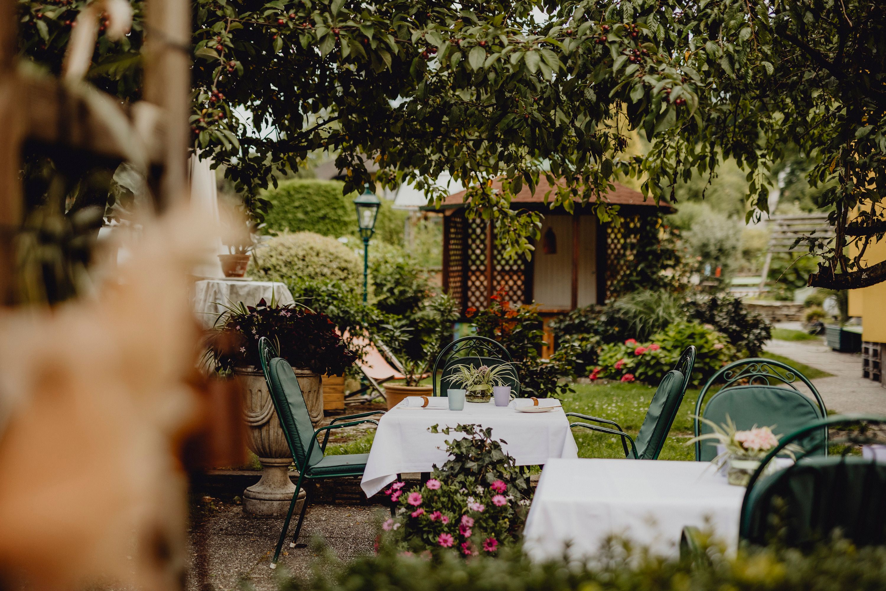 An idyllic garden with laid tables and green chairs under the trees.