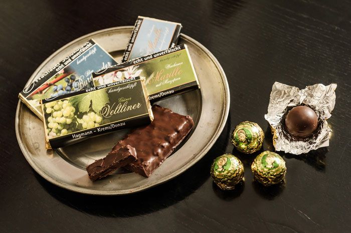 Chocolate bars and Wachau balls on a plate.