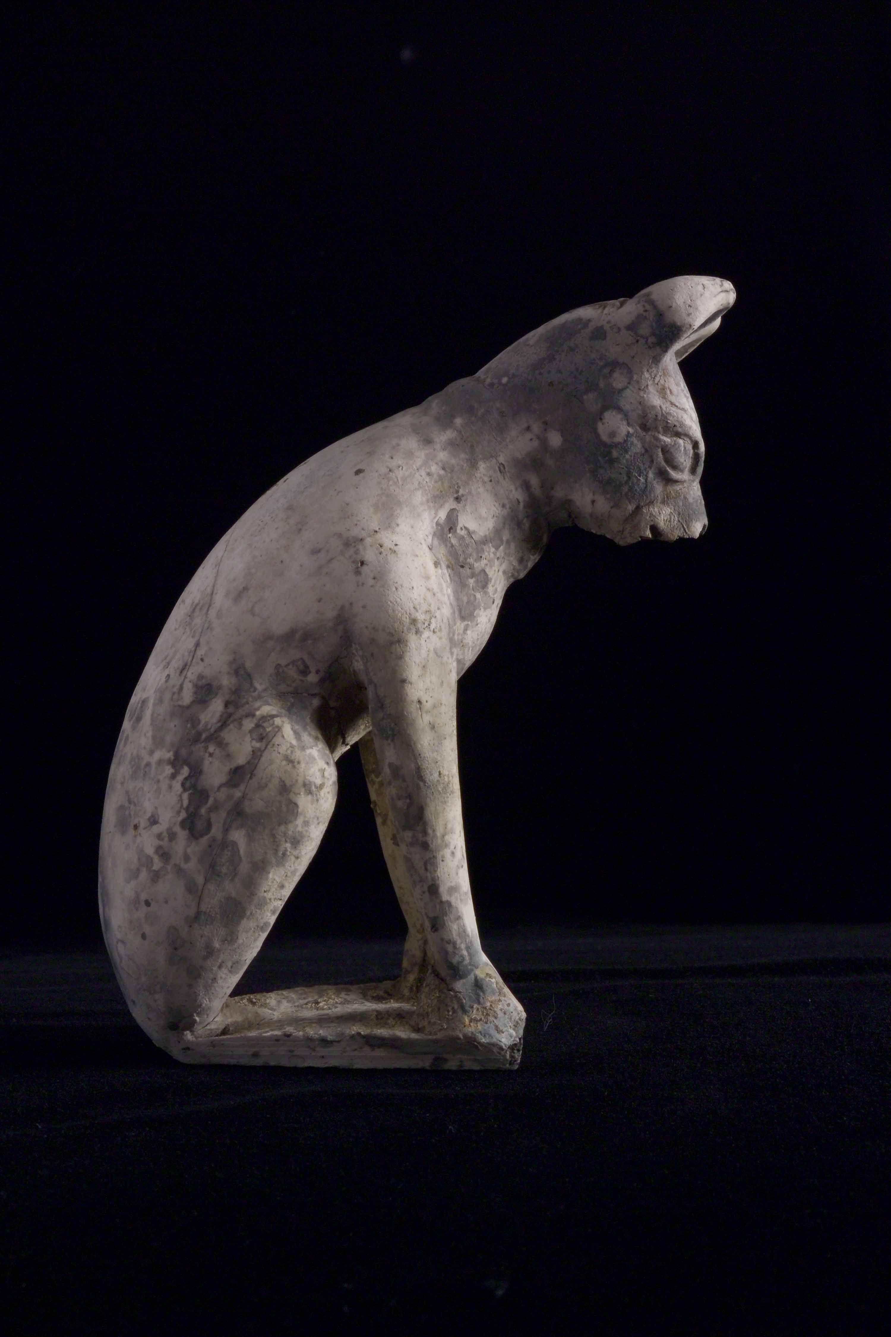 Clay figure of a sitting dog on a black background.