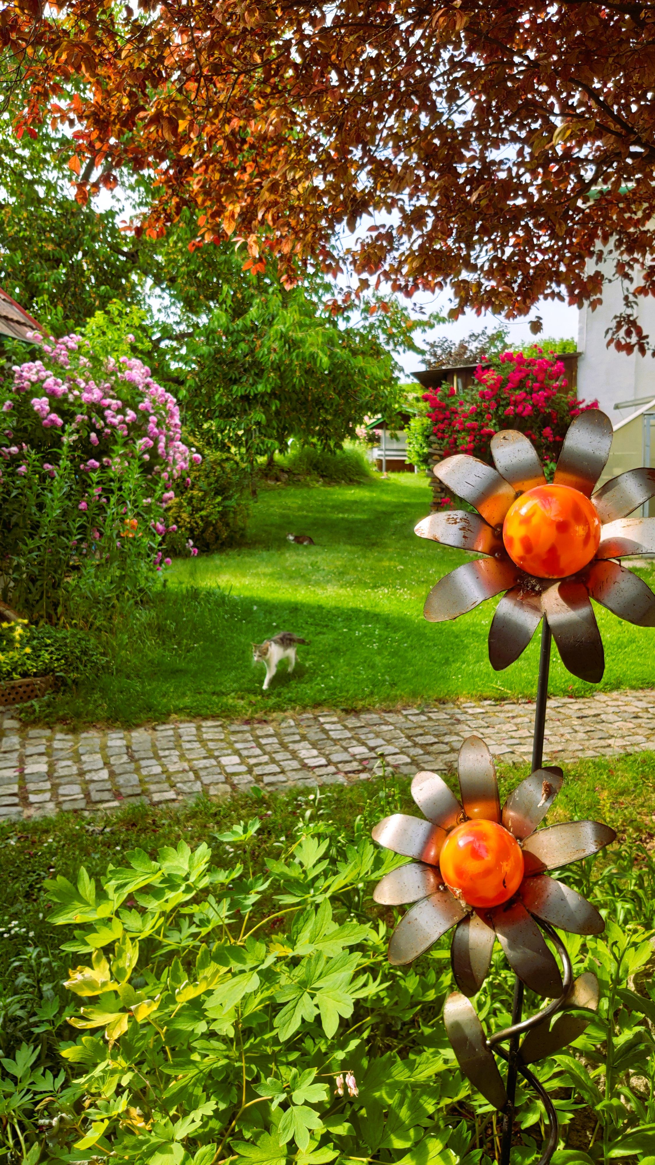 A garden with flowers, a cat and metal flowers.