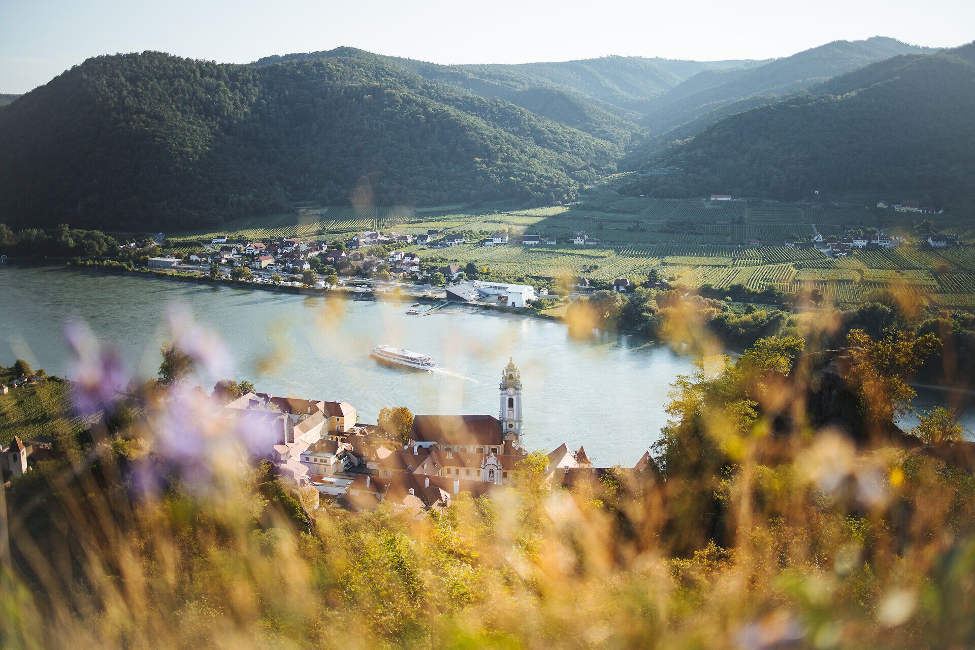 Die sanften Hügel der Wachau umrahmen das malerische Dürnstein, während die Donau friedlich durch die Landschaft fließt. Die Ruine Dürnstein thront majestätisch über dem Dorf und bietet einen atemberaubenden Blick auf die umliegenden Weinberge und die glitzernde Wasseroberfläche. Hier erleben Besucher die perfekte Symbiose aus Natur und Geschichte.
