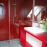 Modern bathroom with red walls, two showers and a washbasin with floral arrangement.