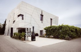 Modern building of the Loisium with wine bottle and vines in the foreground.