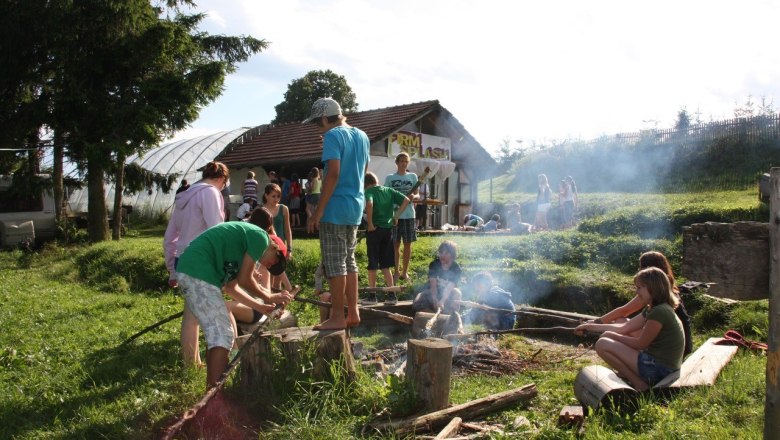 Group of people around a campfire at a campsite.