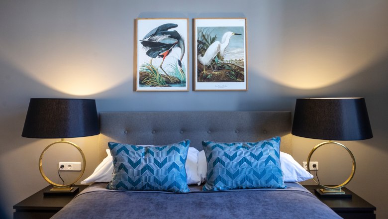 Double room with gray bed, blue pillows, two bedside lamps and bird pictures on the wall.
