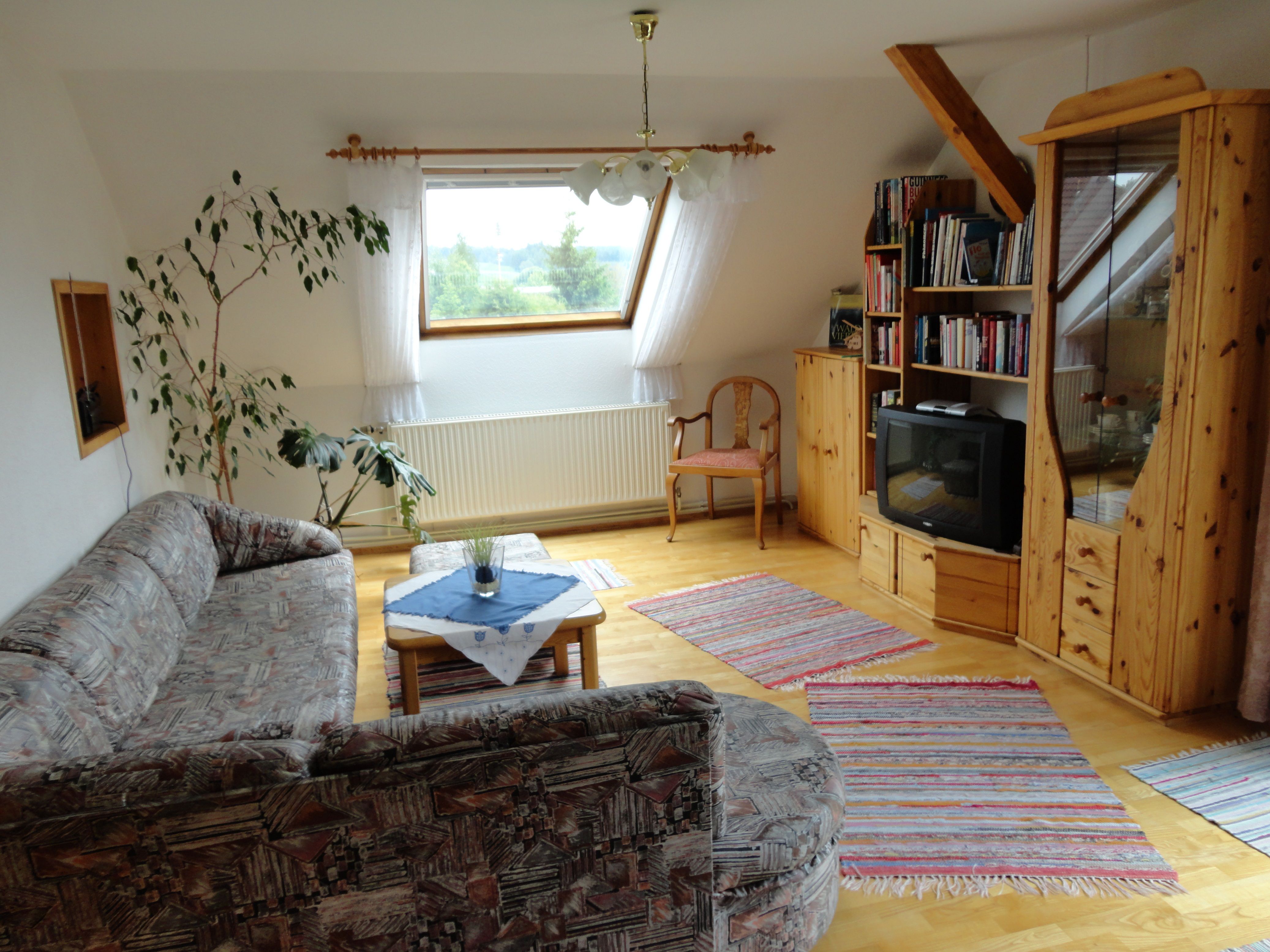 Cozy living room with sofa, wooden furniture and TV.