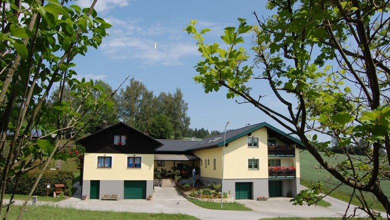 A large yellow vacation home with green garage doors, surrounded by trees and meadows.