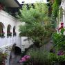 An inner courtyard with plants and flowers in pots, surrounded by white walls and arches.