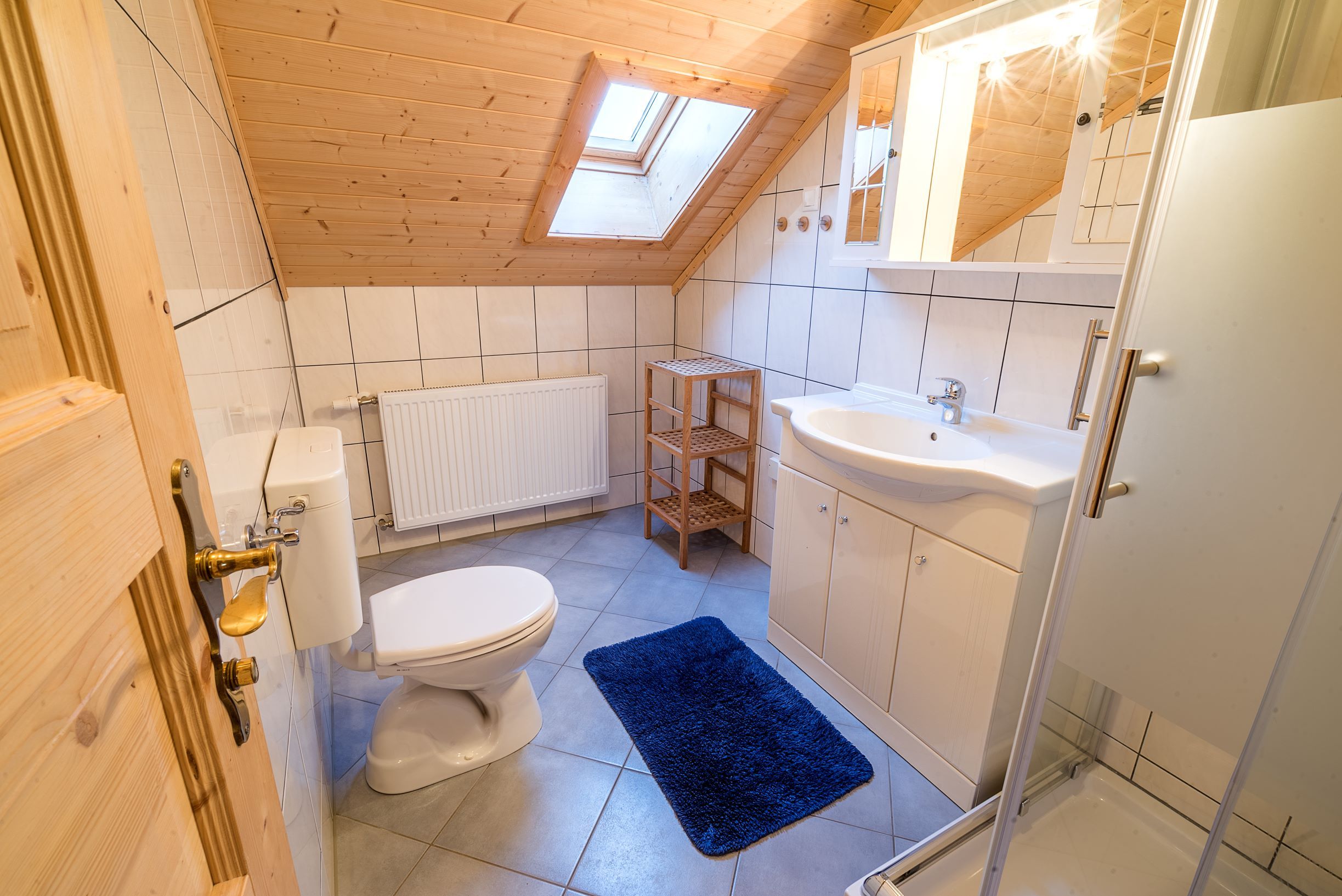 Bathroom with sloping ceiling, washbasin, toilet, shower and blue carpet.