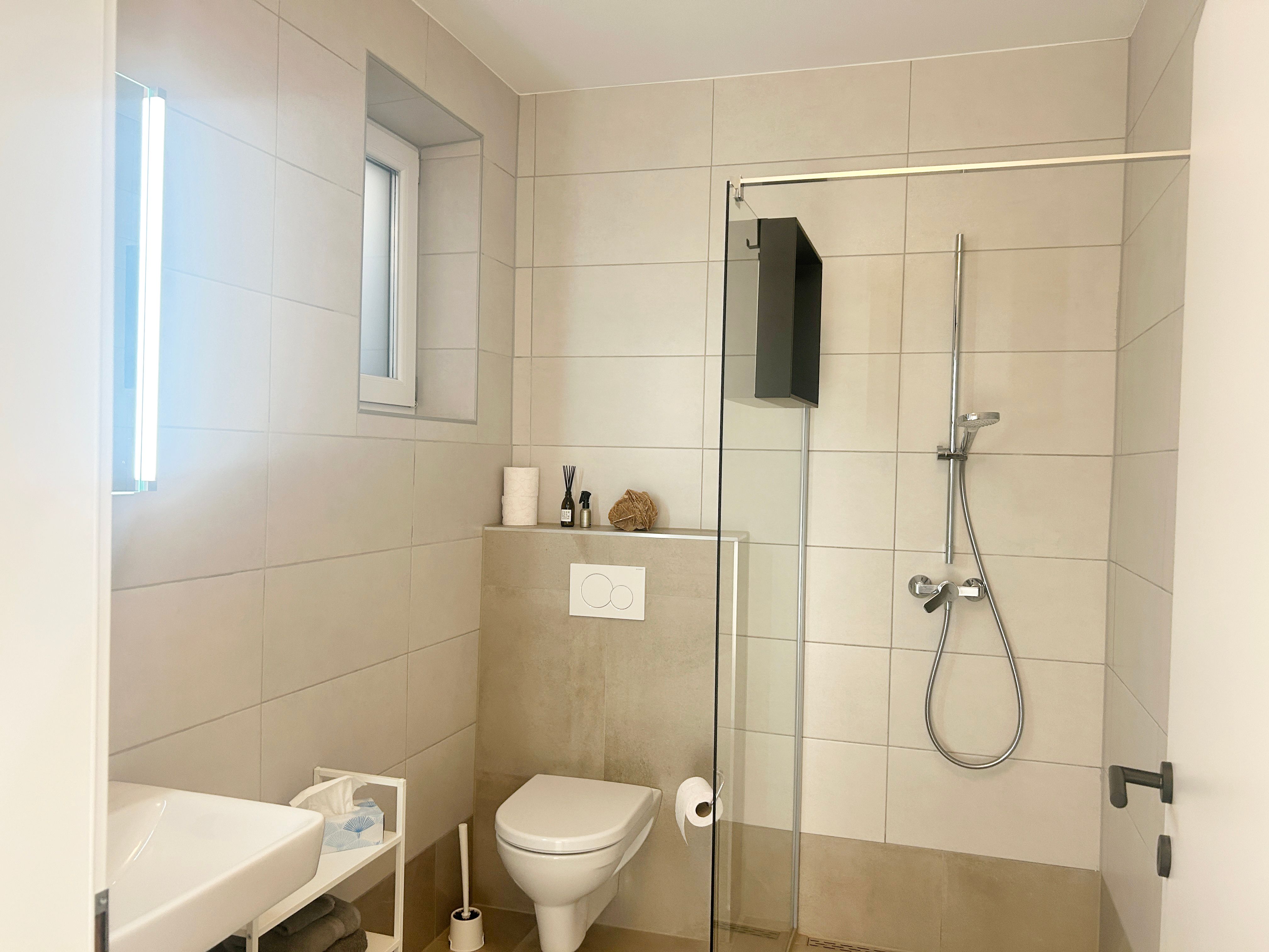 Modern bathroom with shower, toilet and washbasin.