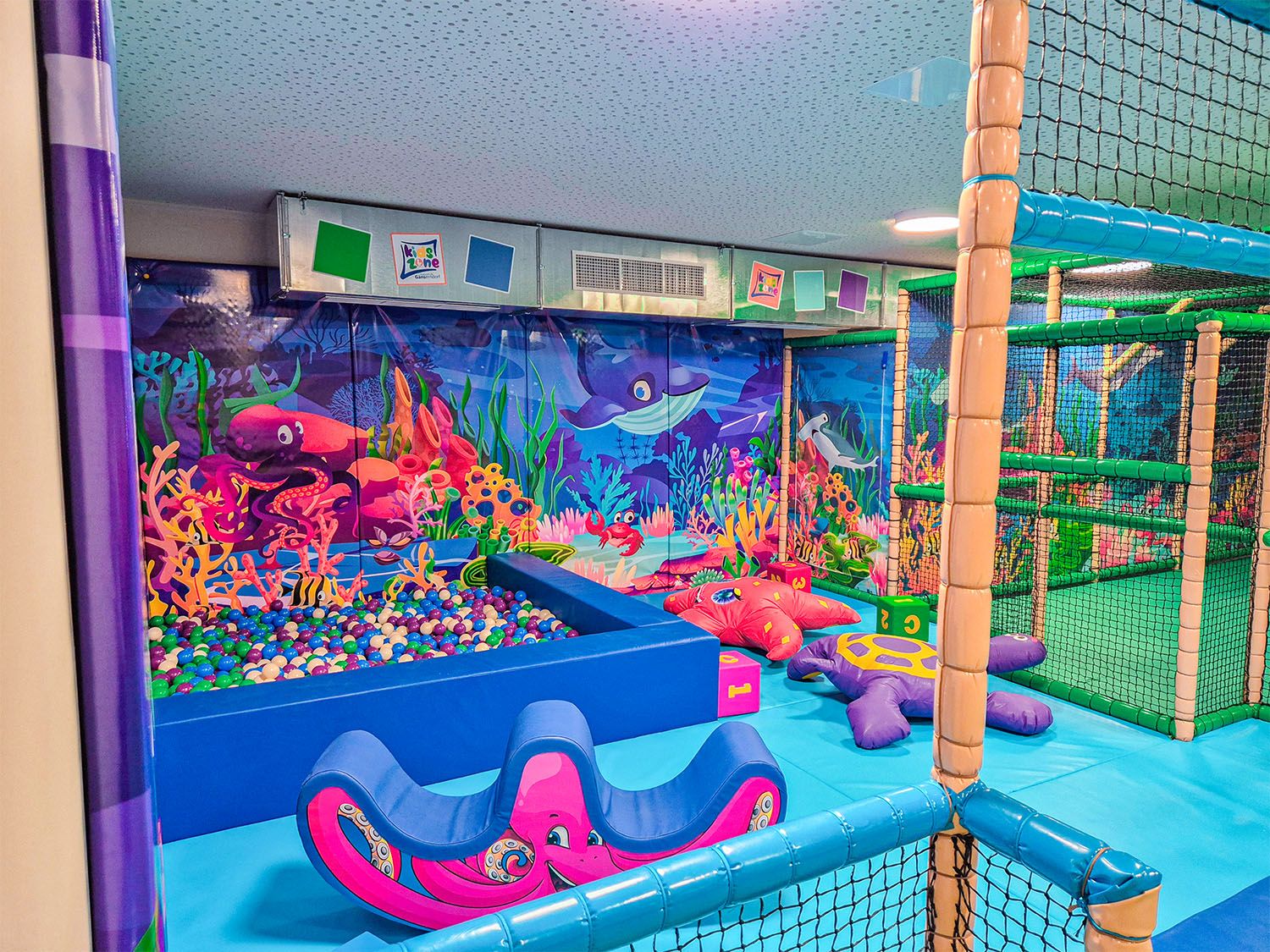 Colorful indoor playground with underwater theme and ball pool.