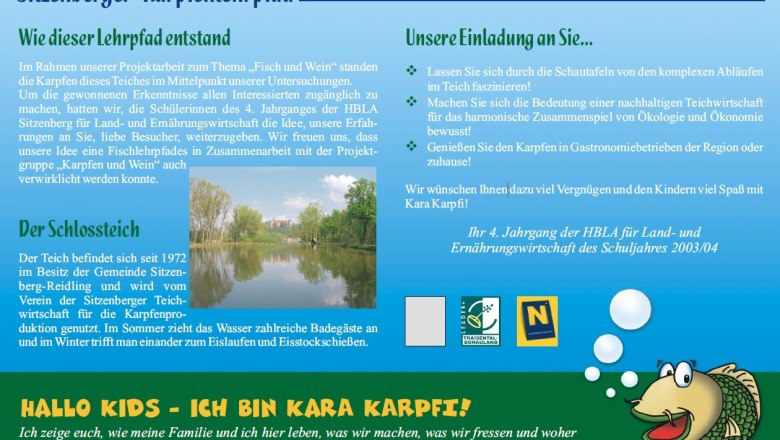 Information sign about the carp nature trail in Sitzenberg with texts and a picture of the castle pond.
