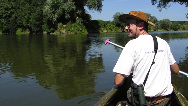 Person in a canoe on a river, surrounded by trees.