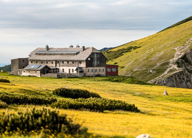 The Karl Ludwig House in an alpine landscape with yellow flower meadows and a cloudy sky.