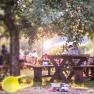 A cozy guest garden with wooden tables under apple trees, with toys in the foreground.