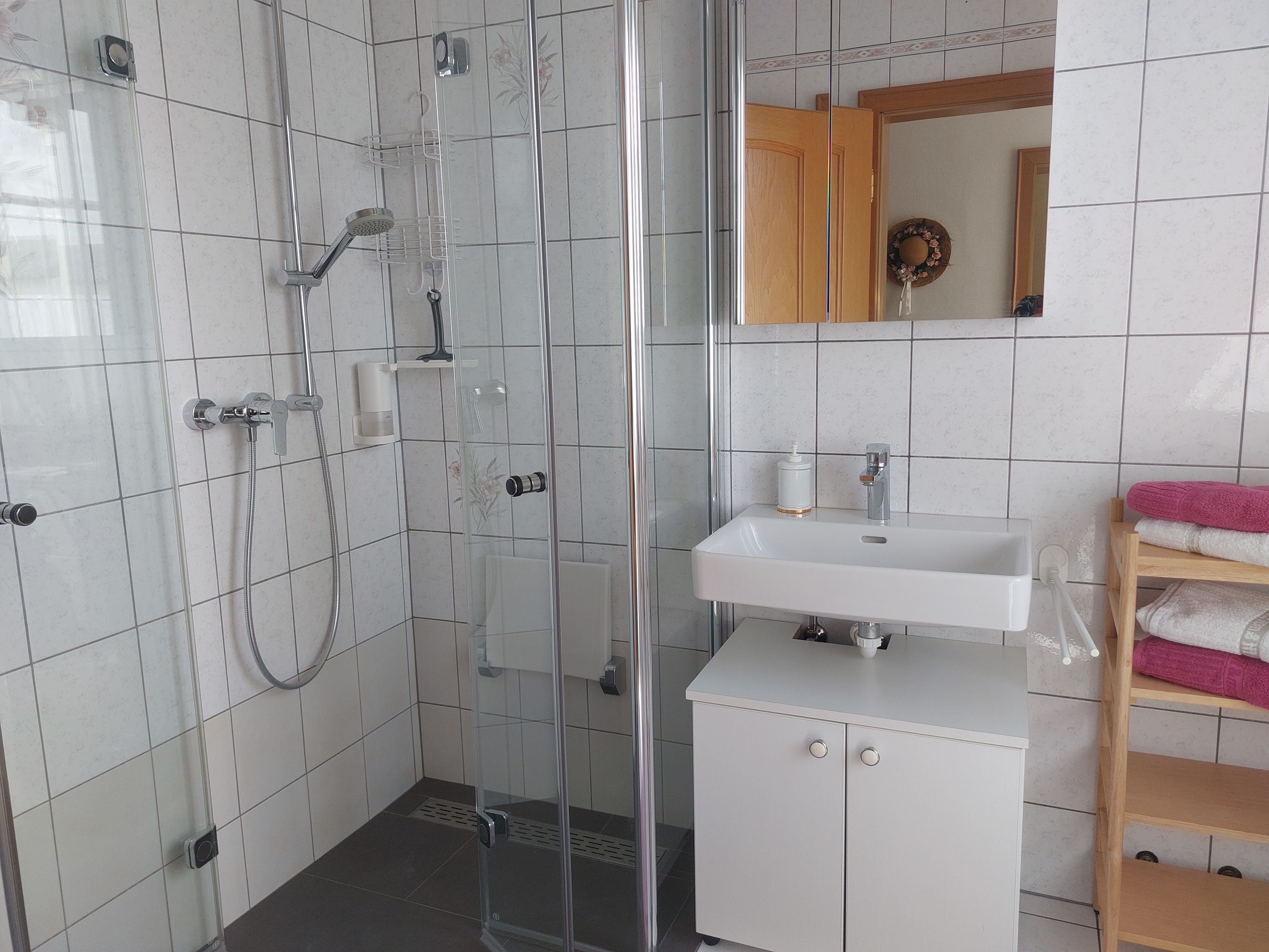 Modern bathroom with shower, washbasin and towel rack.