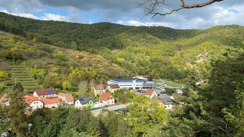 View from Joschi Rock of a village with houses and wooded hills in the background.