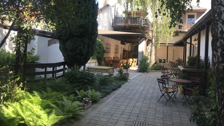A quiet courtyard with trees, plants and garden furniture under a blue sky.