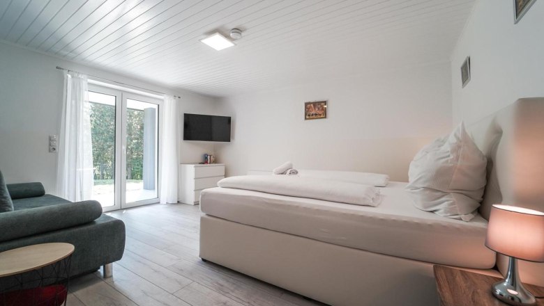 Modern bedroom with large bed, sofa, TV and glass door.