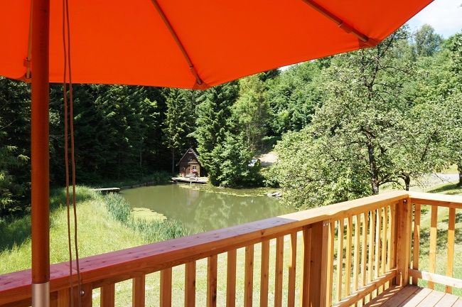 View of a pond and forest from a terrace with a red parasol.