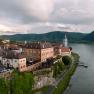 Aerial view of Dürnstein Castle on the Danube with surrounding landscape.