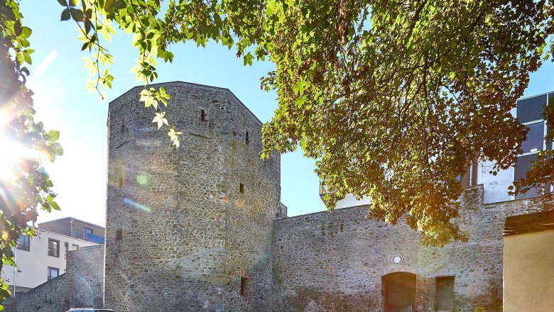 Town wall and tower in Waidhofen an der Thaya, surrounded by trees and sunlight.