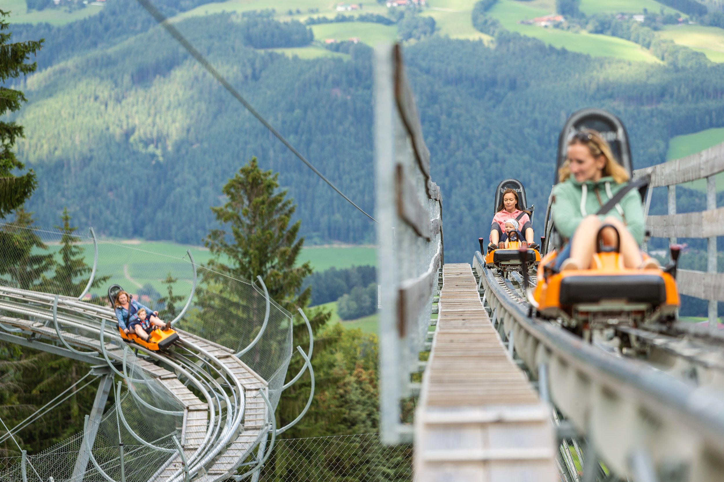 People ride on a summer toboggan run in the mountains.