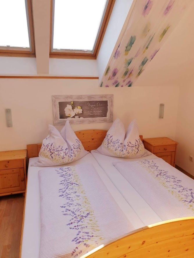 Cozy bedroom with skylights and floral bedding.