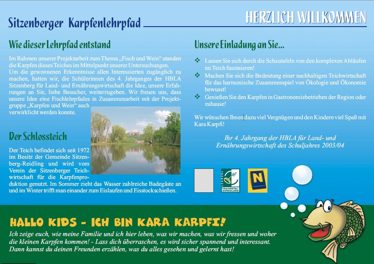 Information sign about the carp nature trail in Sitzenberg with texts and a picture of the castle pond.