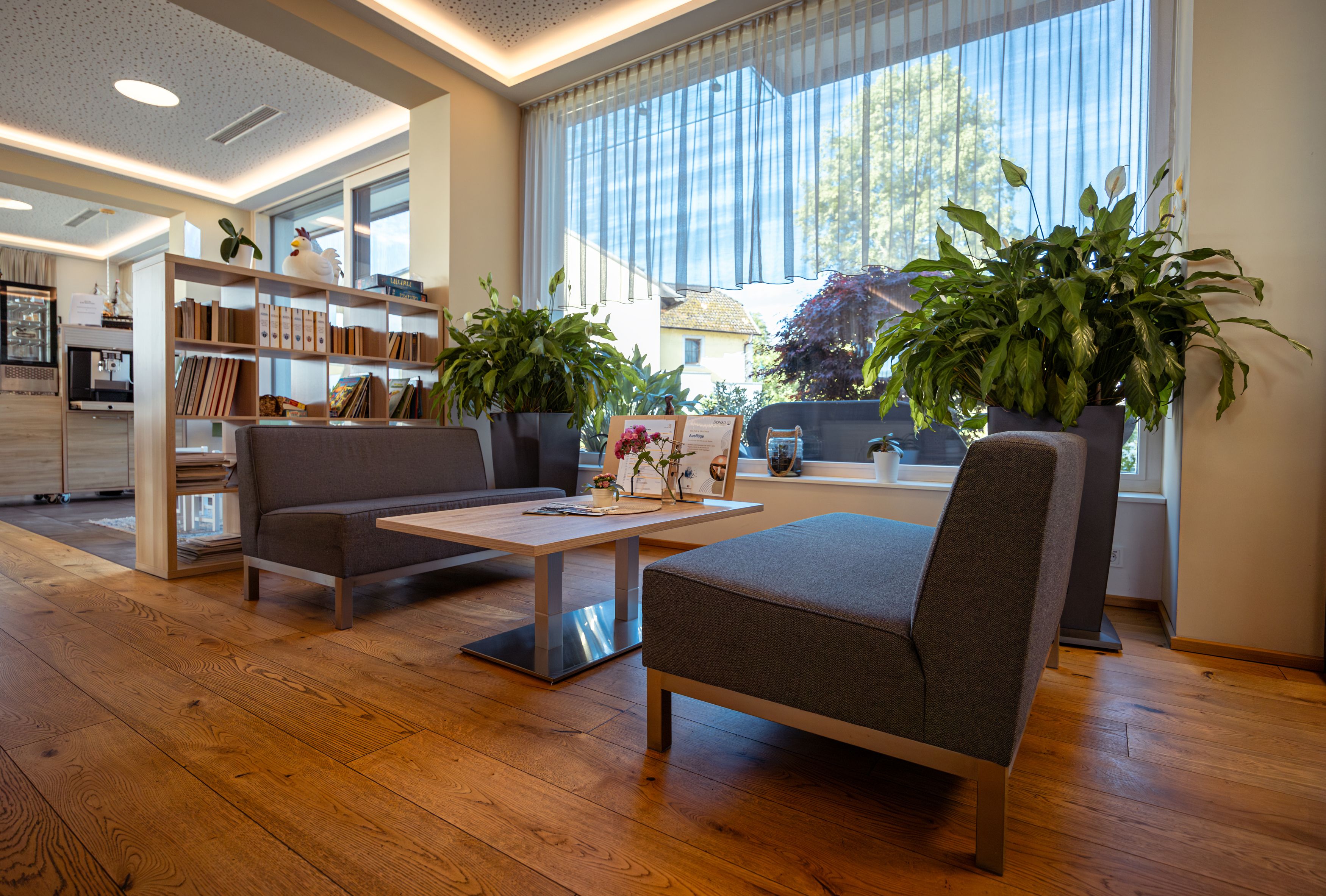 Interior view of a modern waiting room with gray sofas, wooden floor and large plants by the window.