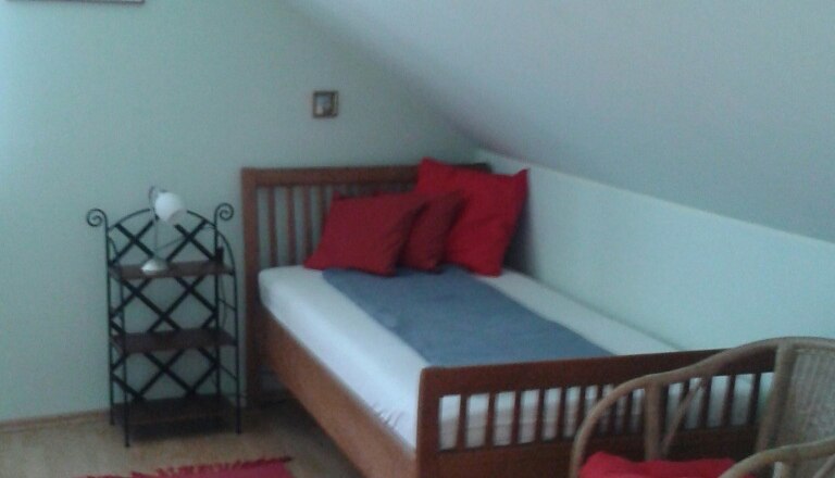 A single bed in a room with a sloping roof, red carpet, rattan chair and shelf.