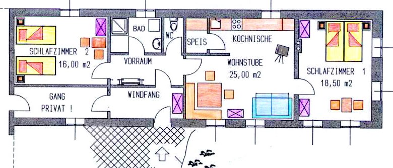 Floor plan of an apartment with two bedrooms, living room, kitchen, bathroom and anteroom.