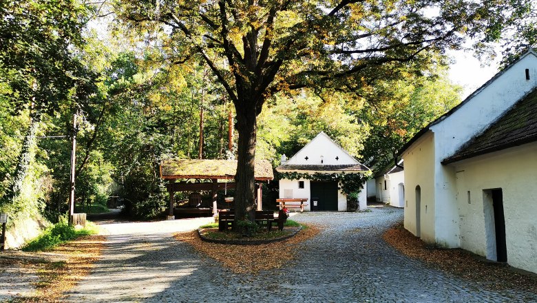 Idyllic square in Raschala with cobblestones, trees and white buildings.