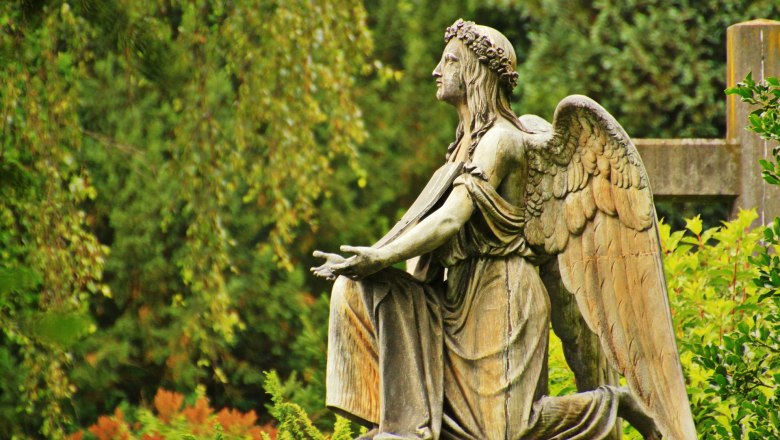 Angel statue in a cemetery, surrounded by green vegetation.