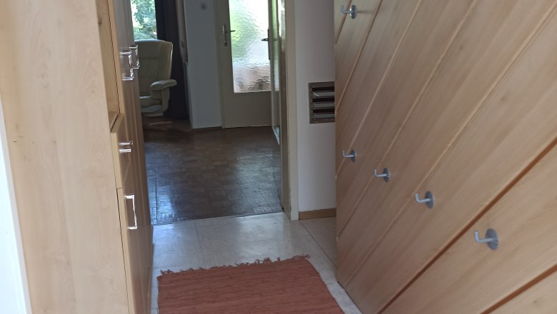 A hallway with wooden walls, hooks and a red carpet. A room with an armchair and a glass door is visible in the background.