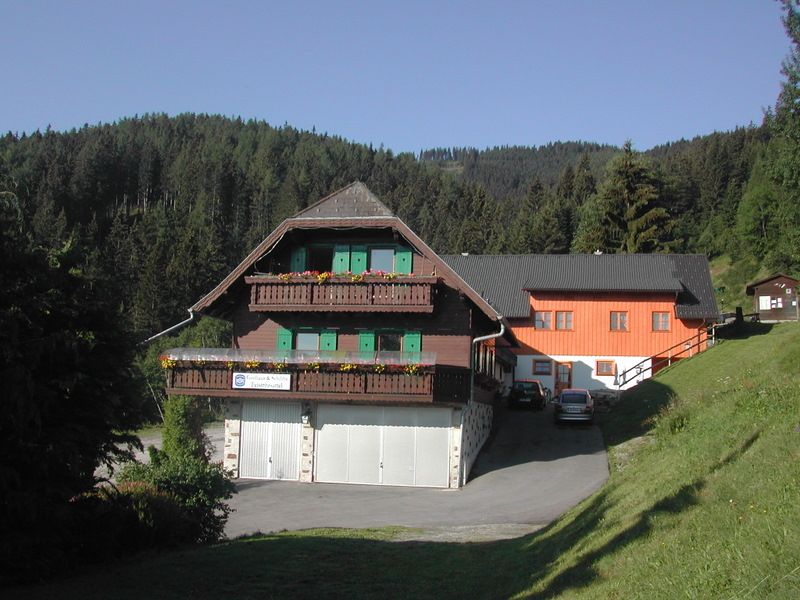 A traditional inn with wooden balconies and green shutters in front of a wooded hill.