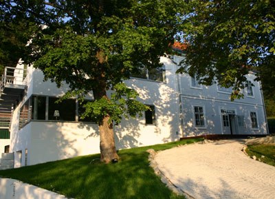 White villa with large windows and a tree in the foreground.