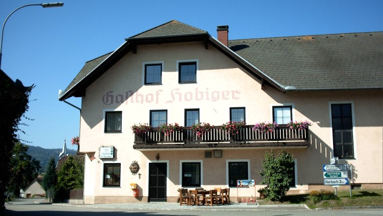 A traditional inn with a balcony and floral decorations, labeled 'Gasthof Hobiger'.