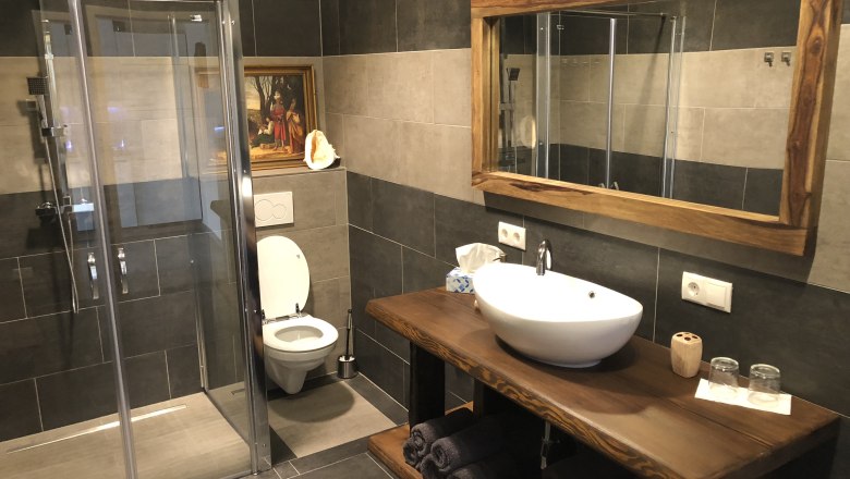 Modern bathroom with shower, toilet and washbasin.