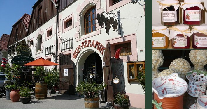 Store, © Dorrit Schneeweiß Exterior view of a ceramic store with plants and signs. Jam jars at the top right, ceramic figures at the bottom.
