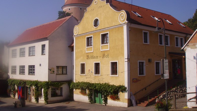 Historic building with yellow façade and red roof tiles, next to it a white building. In the background a tower with a dome.