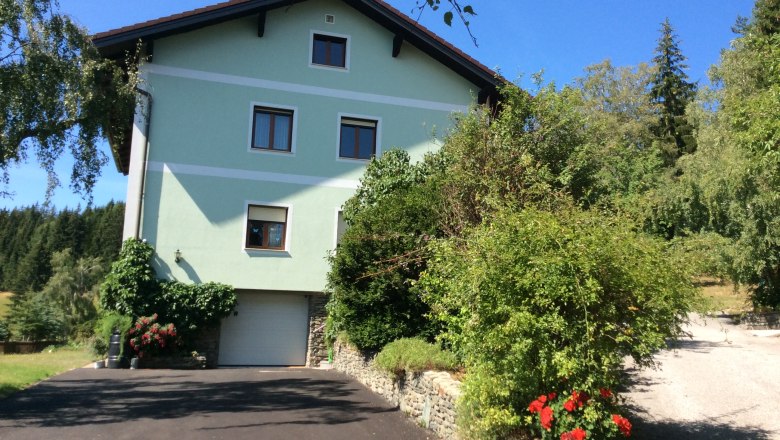 Green house with garden and driveway, surrounded by trees.
