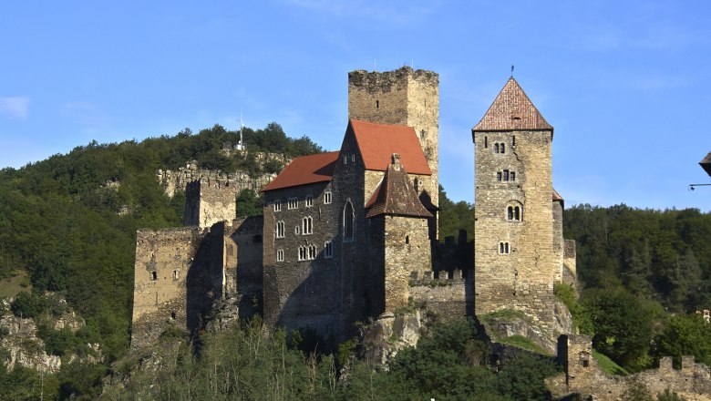 Hardegg Castle in a green landscape under a clear sky.