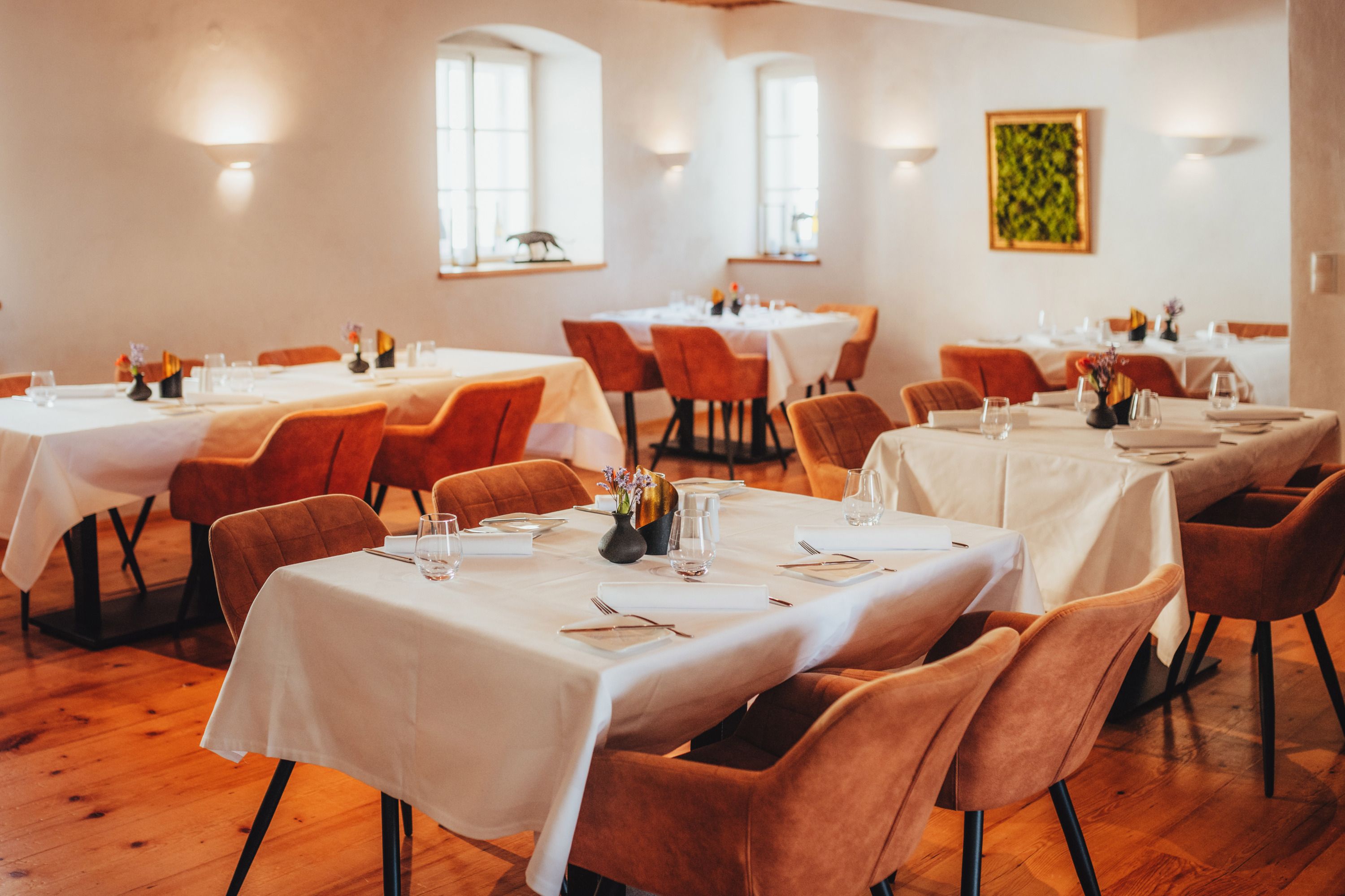 Elegant dining room with laid tables and brown chairs.